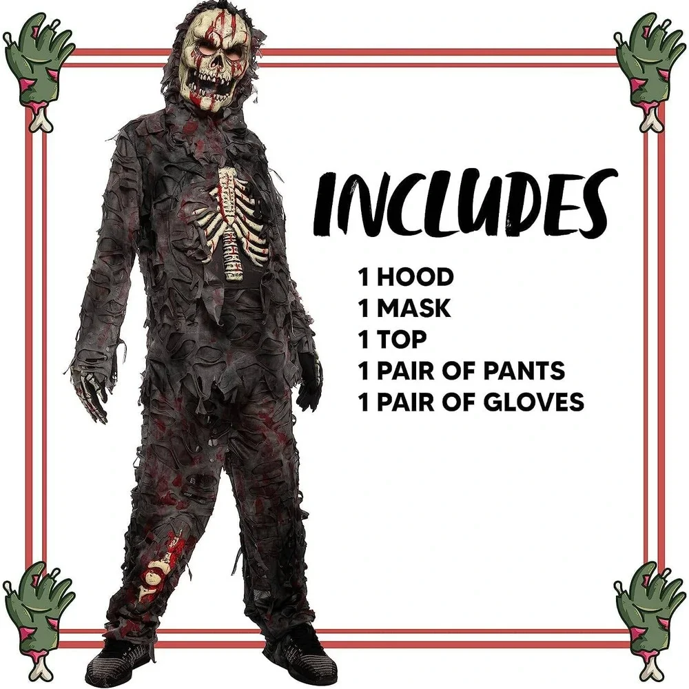 Boys Bloody Swamp Zombie Halloween Costume Youth M Mask/Hood Top Pants Gloves